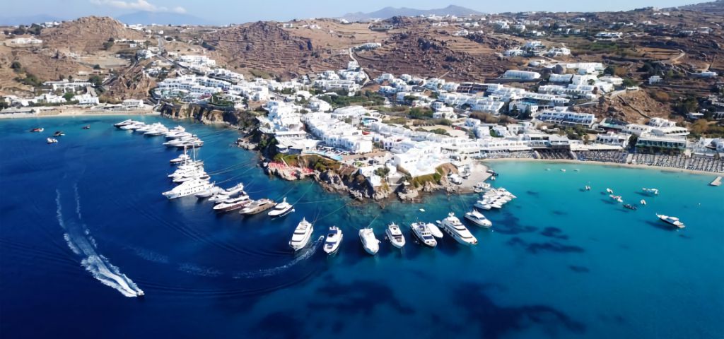 An aerial photo of Mykonos and the Aegean Sea.