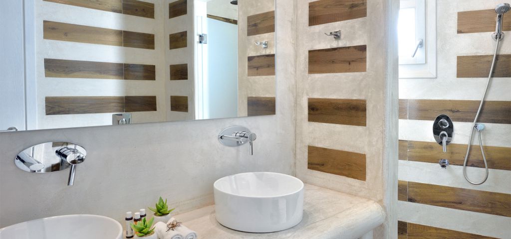 The modern bathroom at the Double Room of Jenny`s Summer Houses in Mykonos.